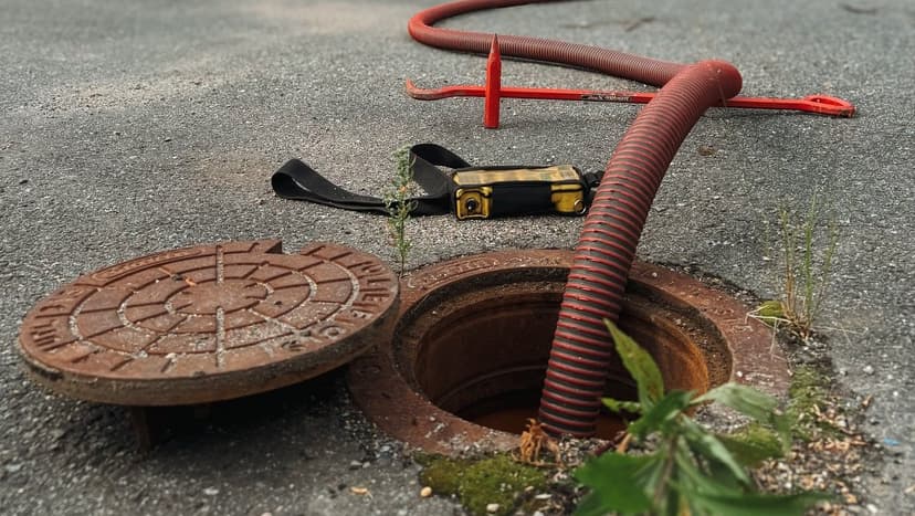 Bilde av sugeslange som ligger ned i kum ifm tømmetjenester (tømming av sandfang)